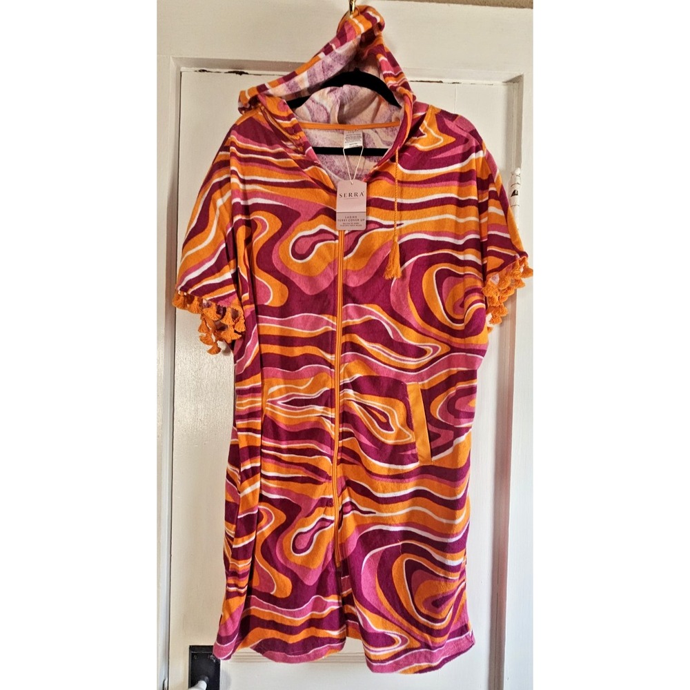 NWT SERRA ladies TERRY COVER UP Psychedelic Swirl Tassel Zip womens M